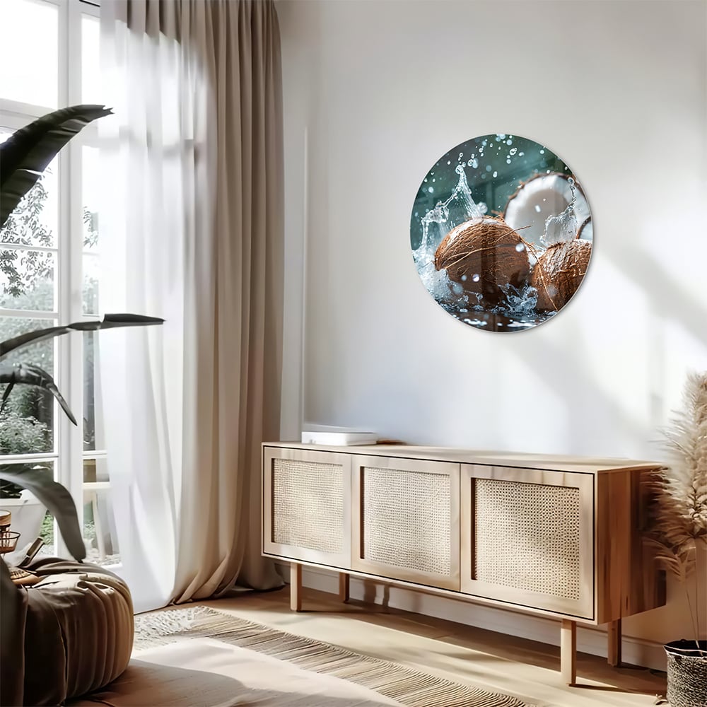 Glas schilderij van kokosnoten met spetters water, perfect voor wanddecoratie.