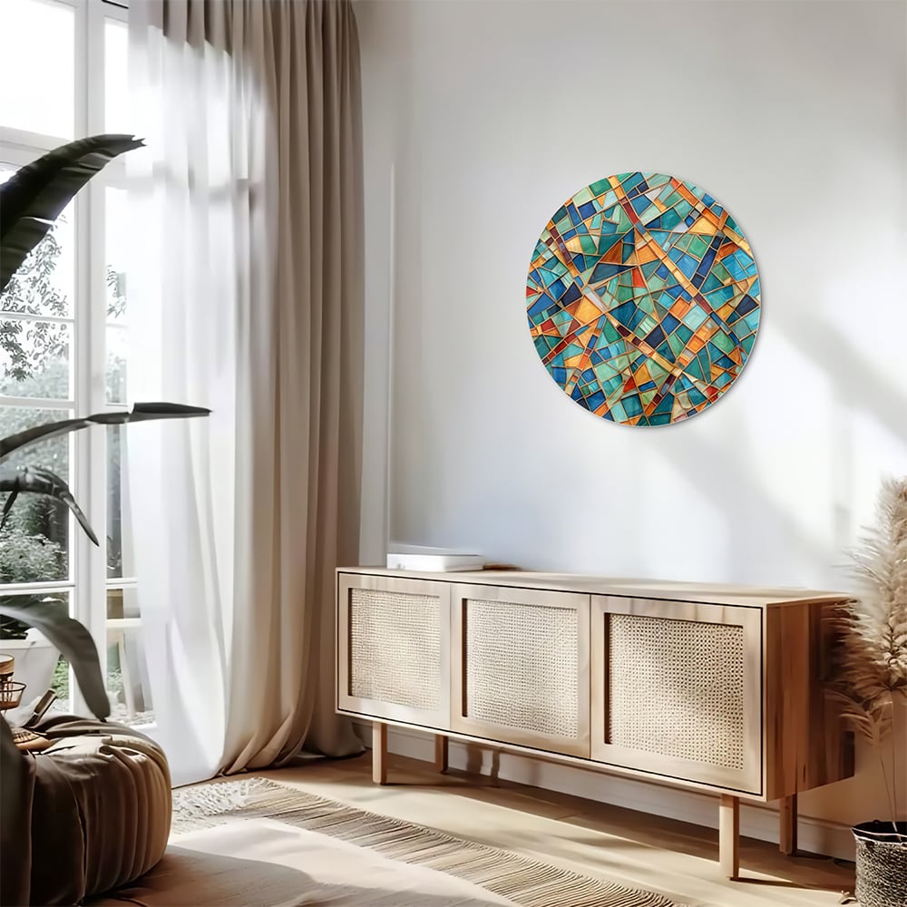Kleurrijk abstract glazen schilderij aan de muur boven een houten meubel.