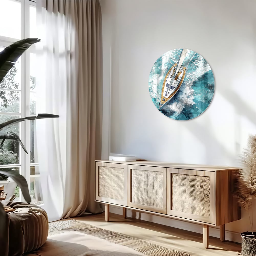 Glazen schilderij van een jacht die over een turquoise zee vaart.