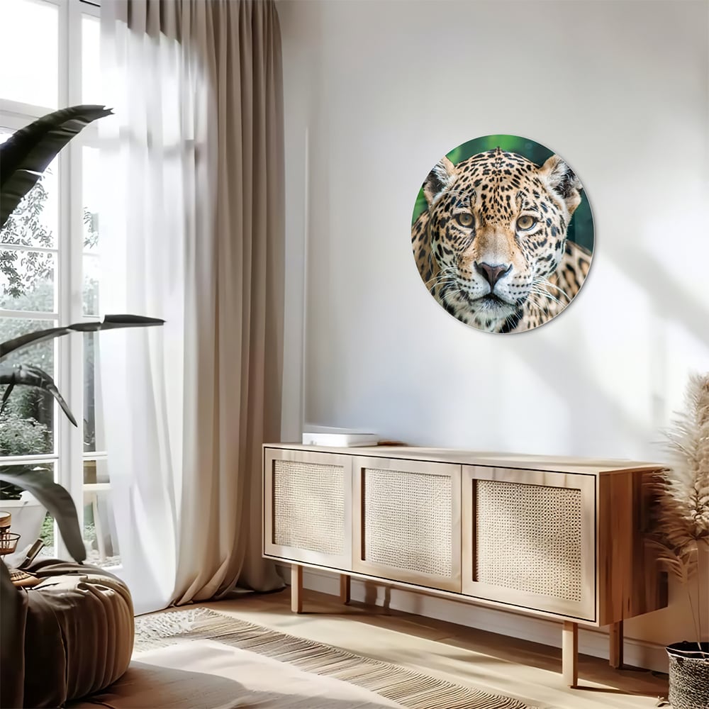 Glazen schilderij van een jaguar dat aan de muur hangt in een moderne woonkamer.