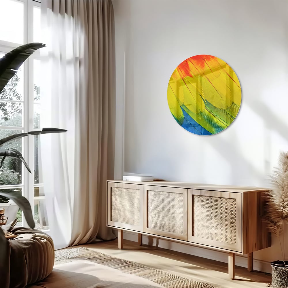 Abstract glazen schilderij met kleurrijke golven in rood, geel en blauw