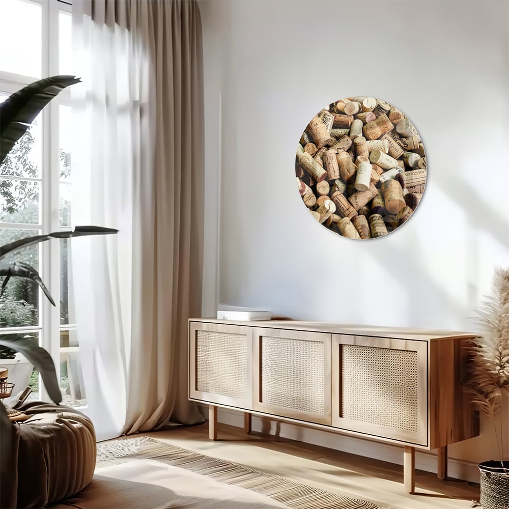 Glazen schilderij met een stapel wijnkurken op een muur.