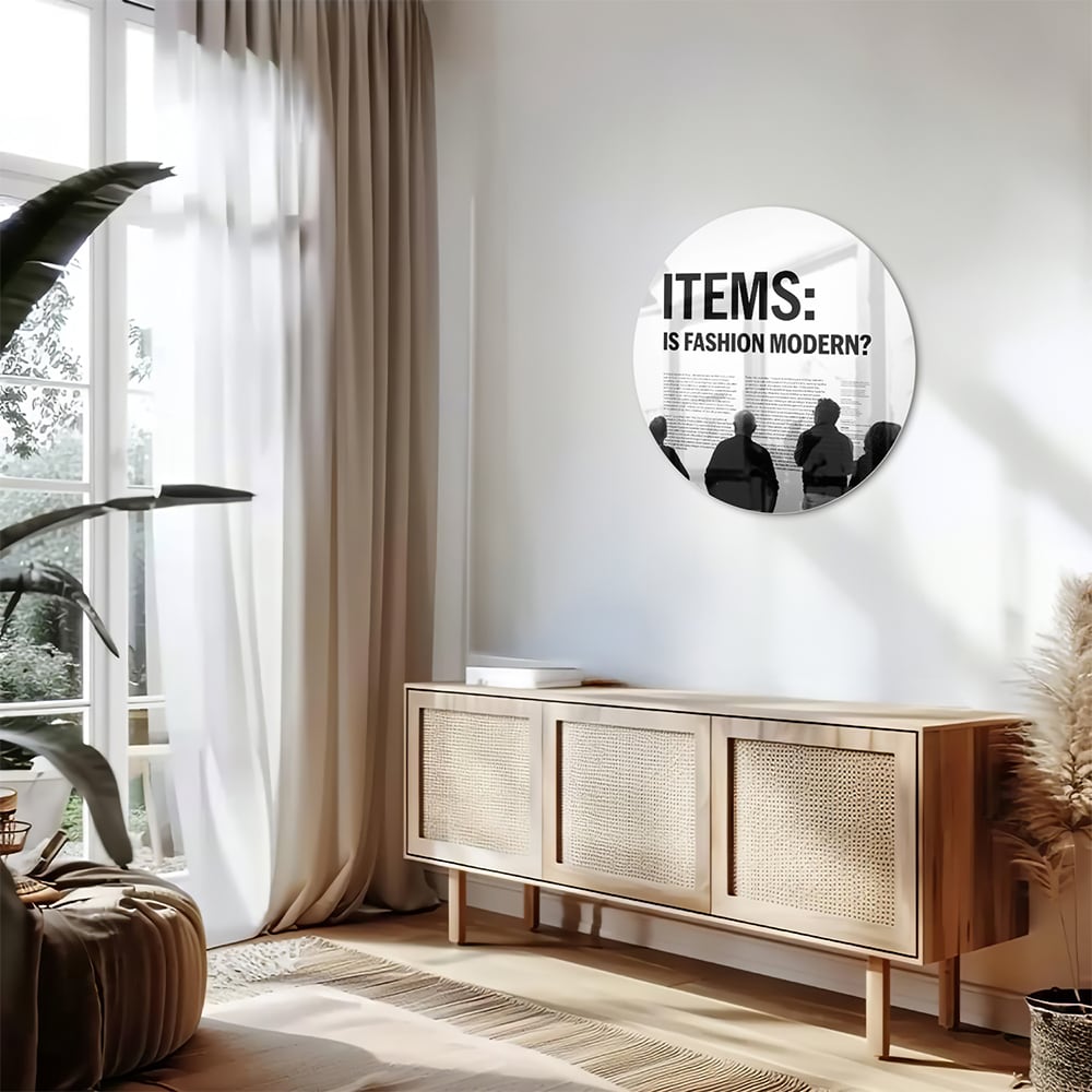 Glazen schilderij met de tekst 'ITEMS: IS FASHION MODERN?', stijlvol gepresenteerd boven een houten meubel.