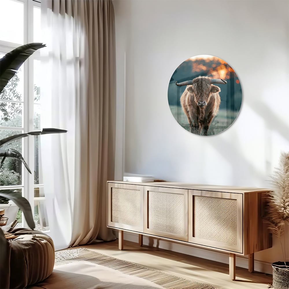 Glazen schilderij van een Schotse Hooglander in een natuurlijke setting.