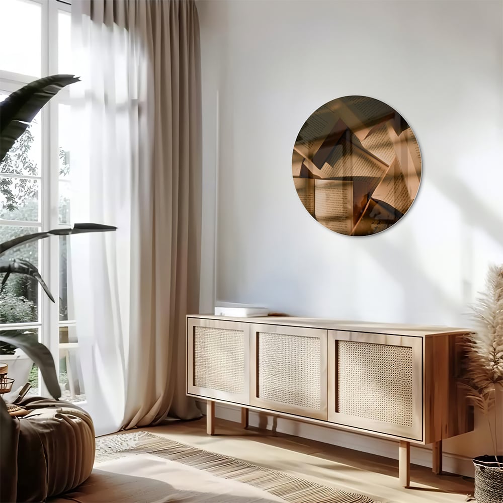 Glazen schilderij met abstracte vormen in moderne woonkamer