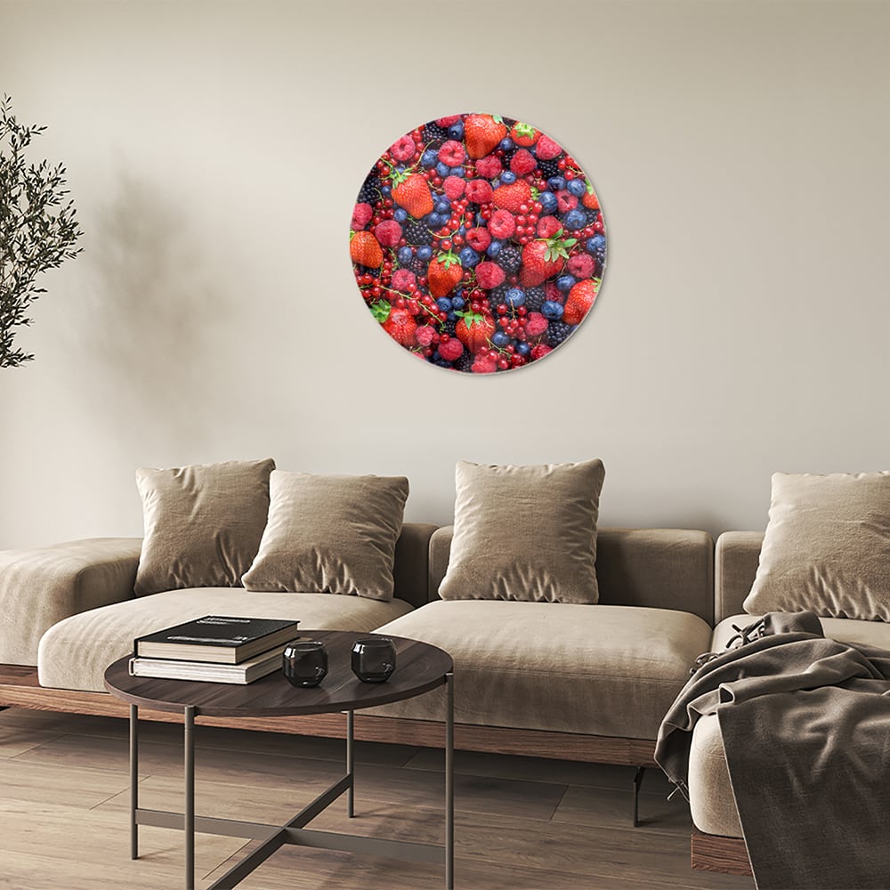 Glazen schilderij met een kleurrijke afbeelding van bessen en fruit