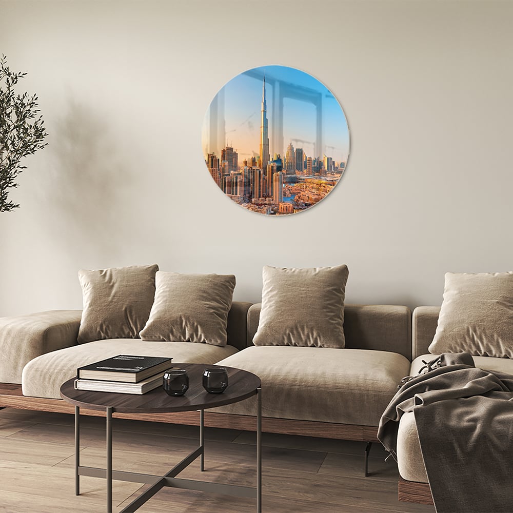 Glazen schilderij van de skyline van Dubai met Burj Khalifa tijdens zonsondergang