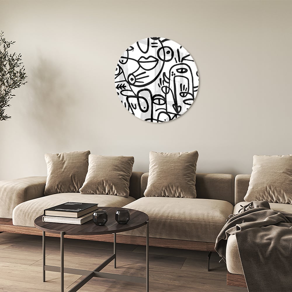 Abstract glazen schilderij in zwart-wit met vormen en lijnen