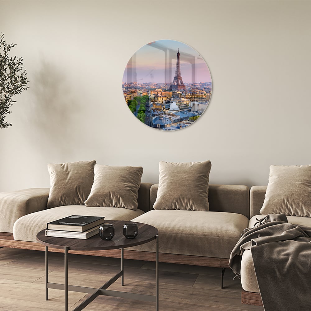 Glas schilderij van de Eiffeltoren in Parijs bij zonsondergang