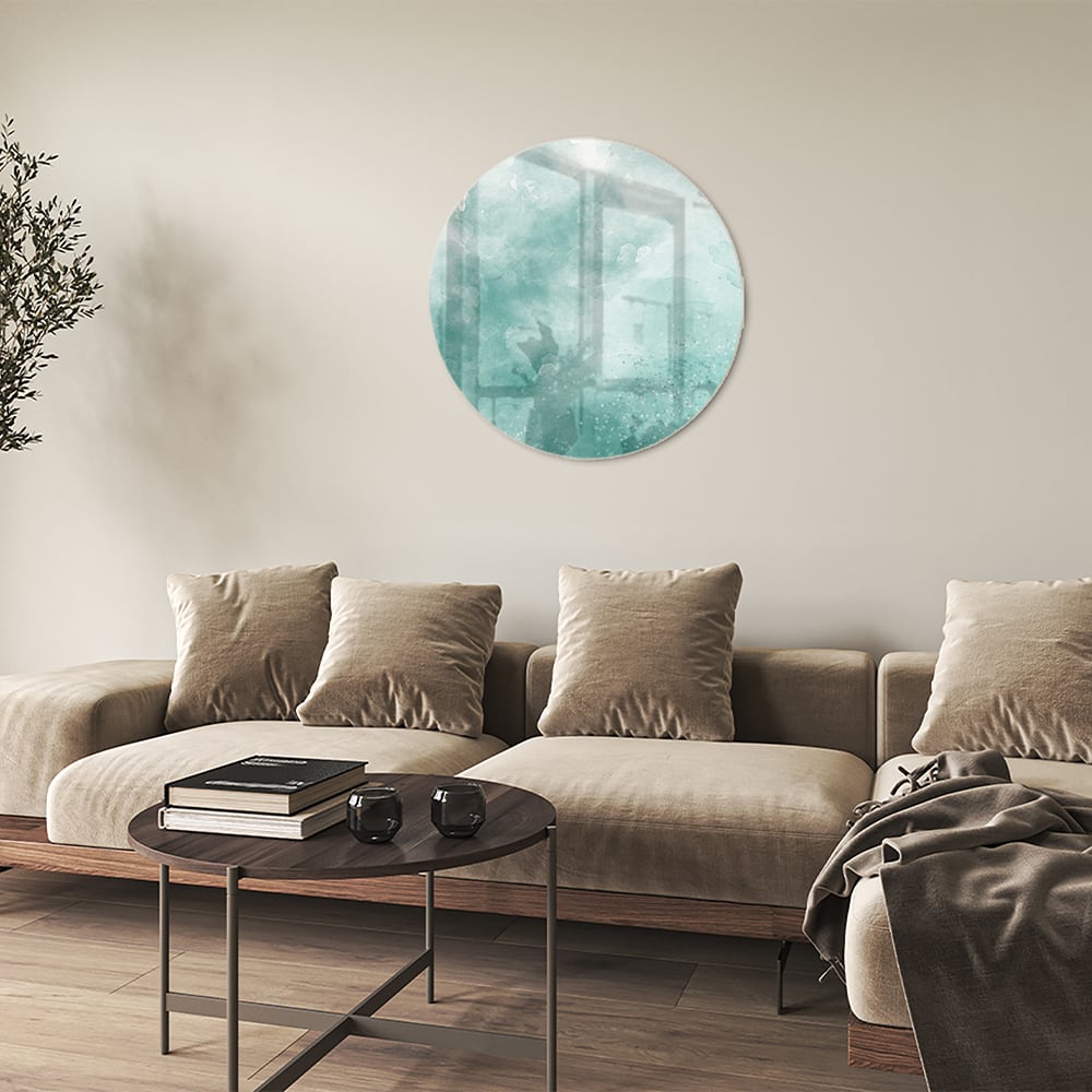 Abstract glazen schilderij in aquablauw kleur, past mooi in een modern interieur.