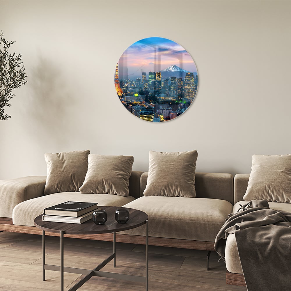Glazen schilderij van Tokyo met de Tokyo Tower en Mount Fuji in de achtergrond