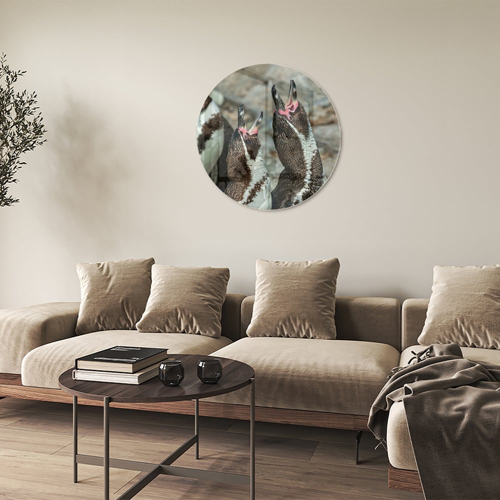 Glas schilderij met vrolijke pinguns op een muur in een modern interieur.