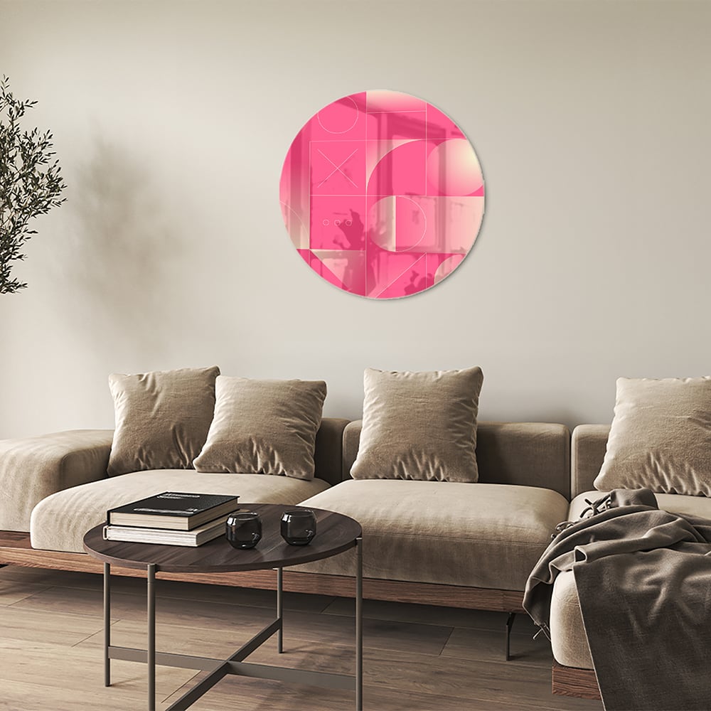 Modern glazen schilderij in frisroze met geometrische vormen.