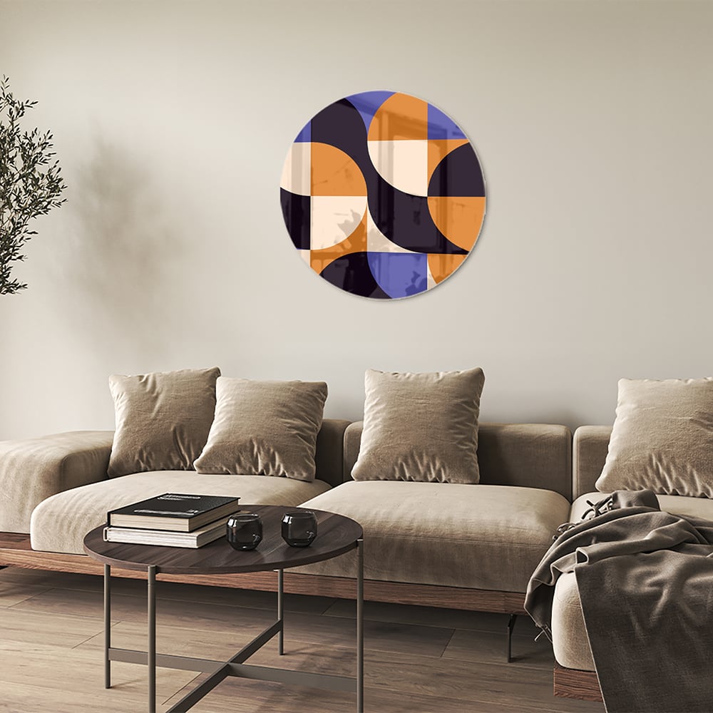 Abstract glazen schilderij met blauwe en oranjekleurige vormen, perfect voor moderne interieurs.