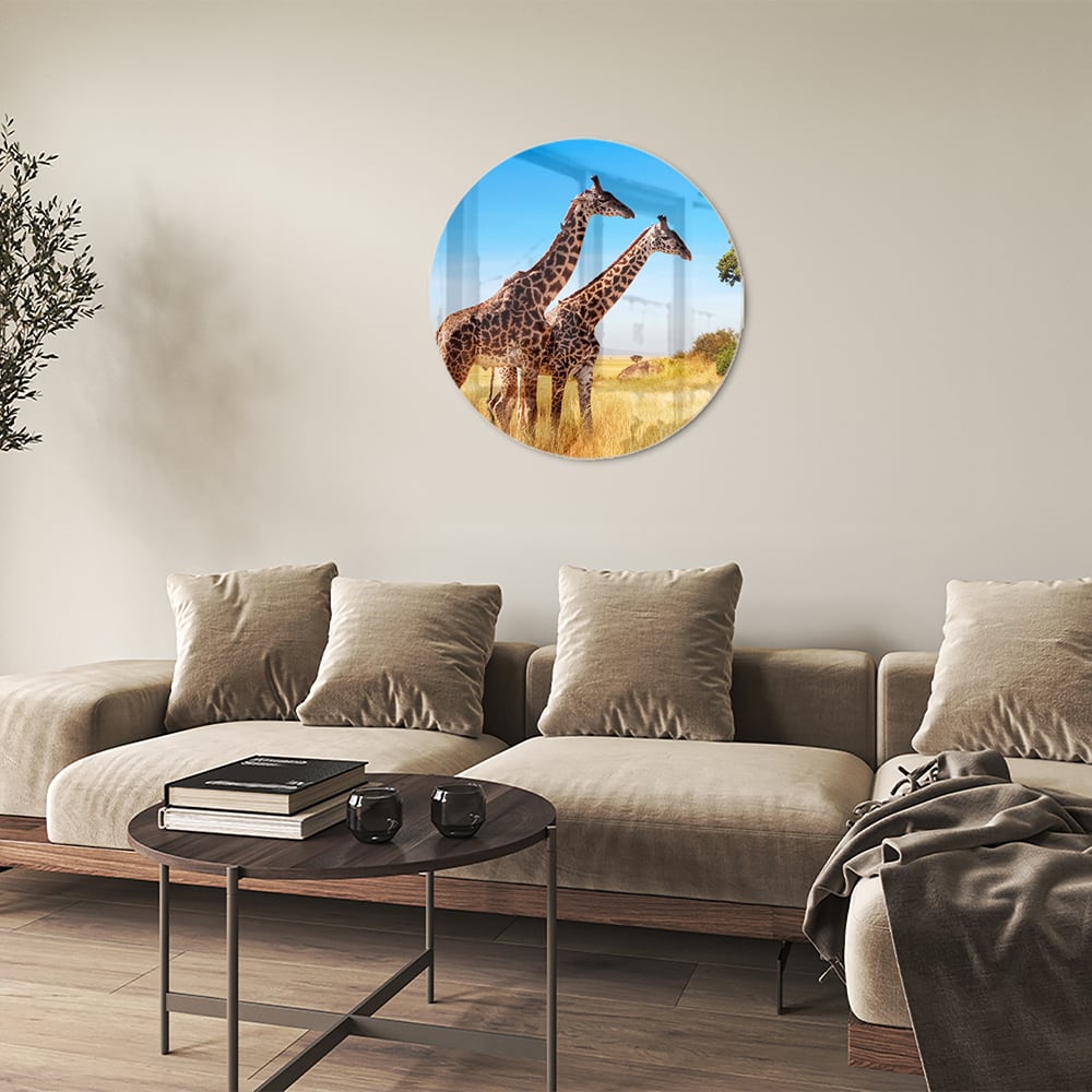 Glazen schilderij van twee giraffen in een Afrikaans landschap