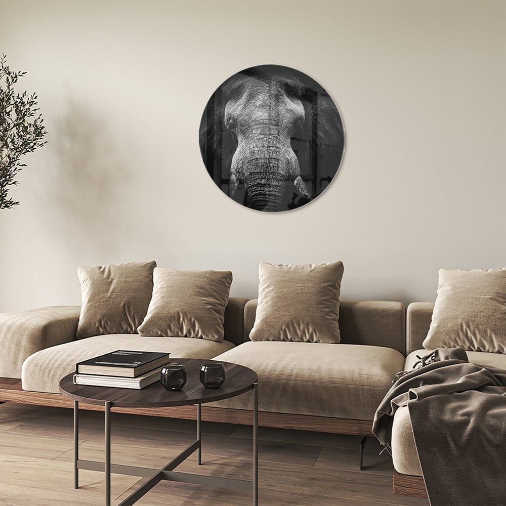 Glazen schilderij van een olifant in zwart-wit, perfect voor interieurdecoratie.