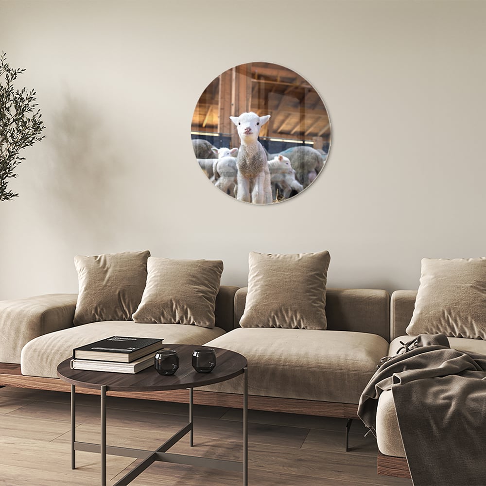Glazen schilderij met lammetjes in een stal, perfect voor huisdecoratie.