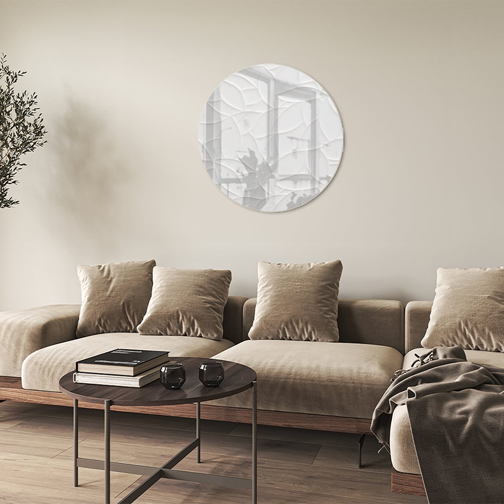 Glazen schilderij met textuur in wit, perfect voor moderne interieurs.