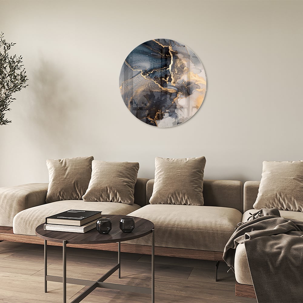 Elegant glazen schilderij met blauwe en gouden abstracte lagen