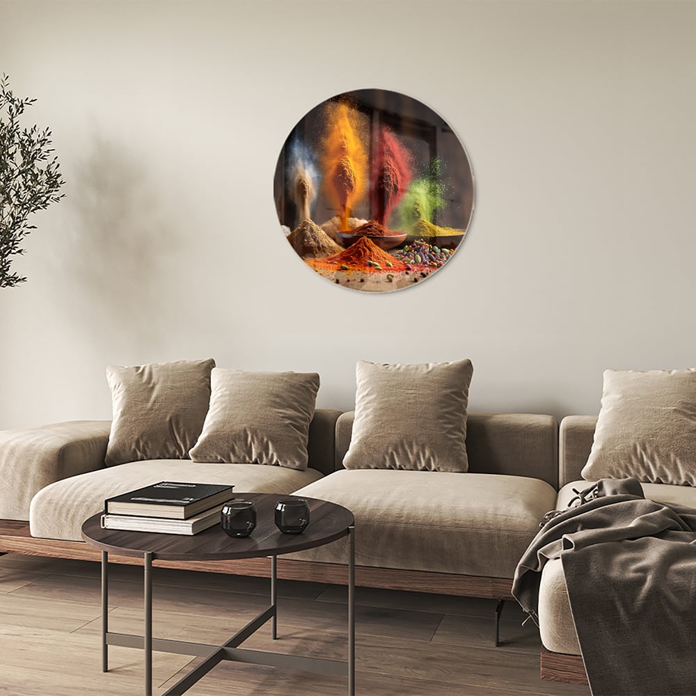 Glazen schilderij met een kleurrijke weergave van specerijen op een houten tafel.