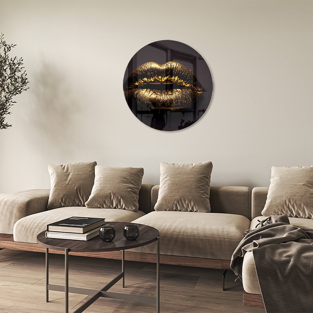 Glazen schilderij met gouden lippen, elegant voor in de woonkamer.