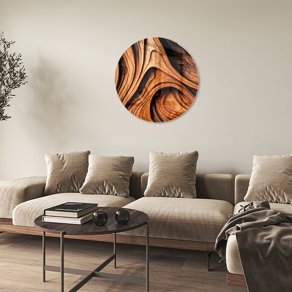 Glas schilderij met houtstrukturen in warme tinten, perfect voor wanddecoratie.