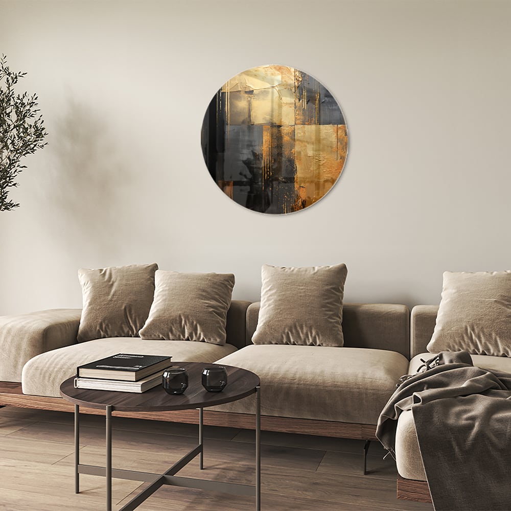 Abstract glazen schilderij in goud en zwart, perfect voor moderne interieurs.