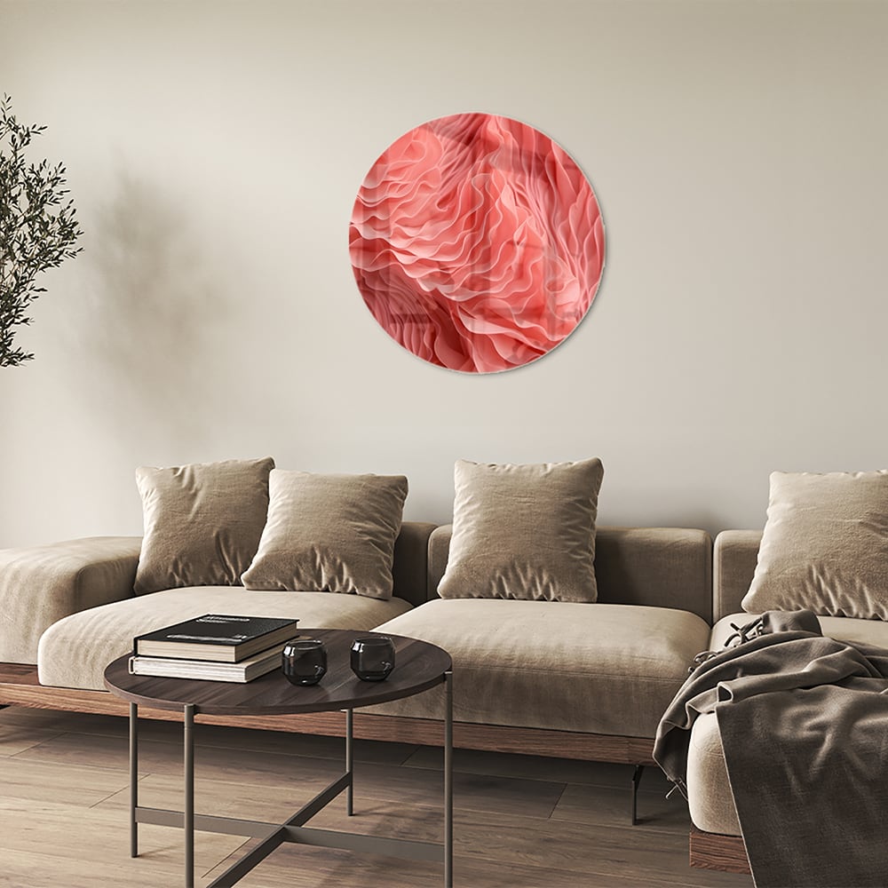 Abstract glazen schilderij in roze met golvende patronen, perfect voor wanddecoratie.