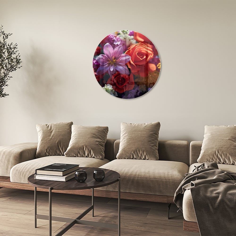 Kleurrijk glazen schilderij met een prachtige bloemencompositie.