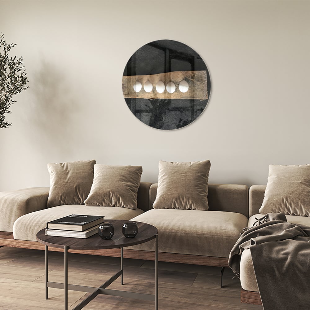 Elegant glazen schilderij met vier lichtpunten, perfect voor moderne interieurs.