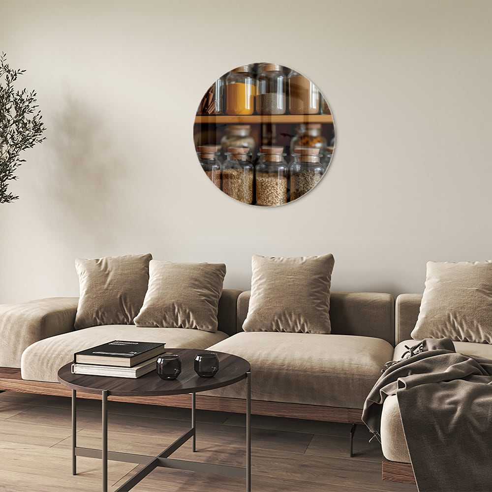 Glazen schilderij met een houten plank vol Mason jars gevuld met specerijen.
