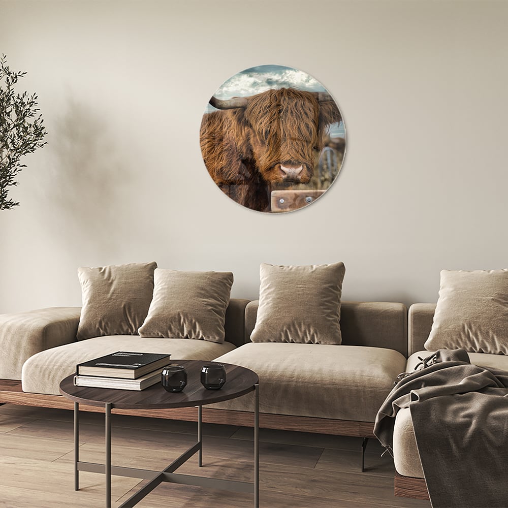 Glas schilderij van een Highlander koe met een mooie achtergrond.