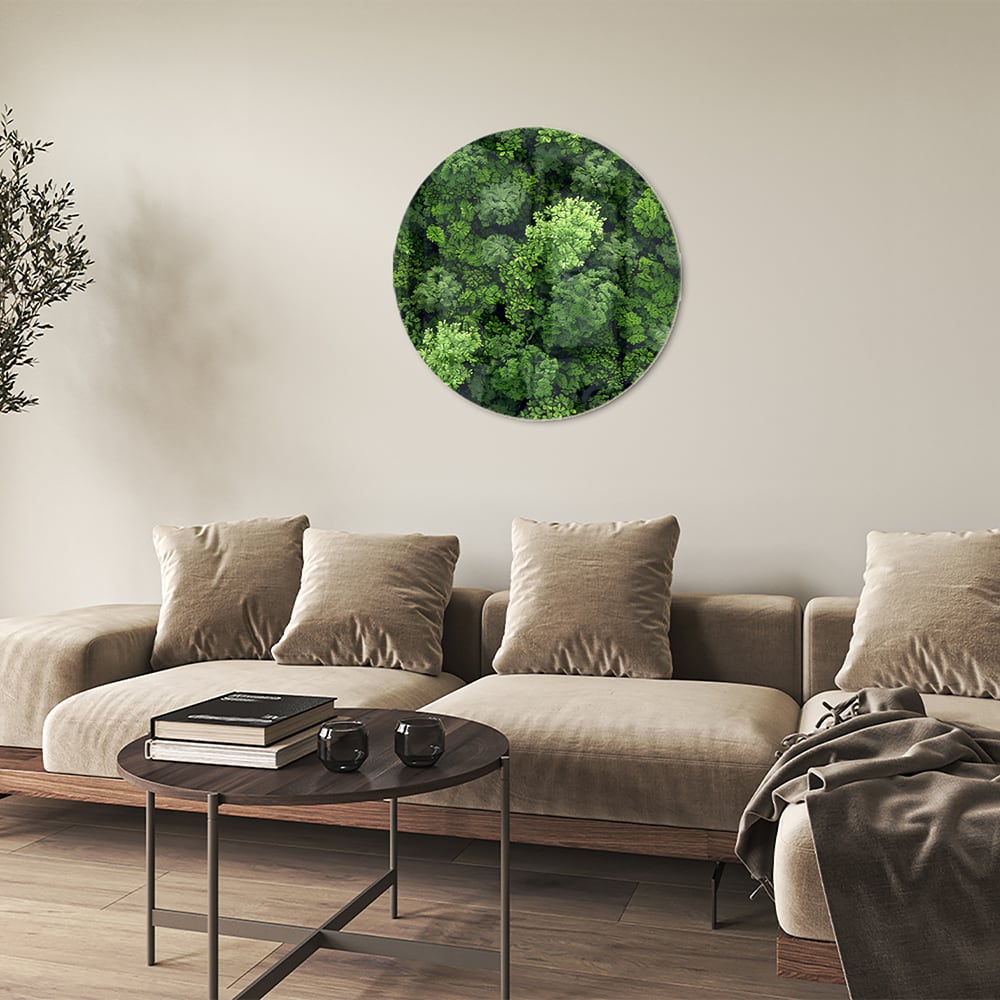 Luchtfoto van een weelderig groen bos op een muur in een moderne kamer.