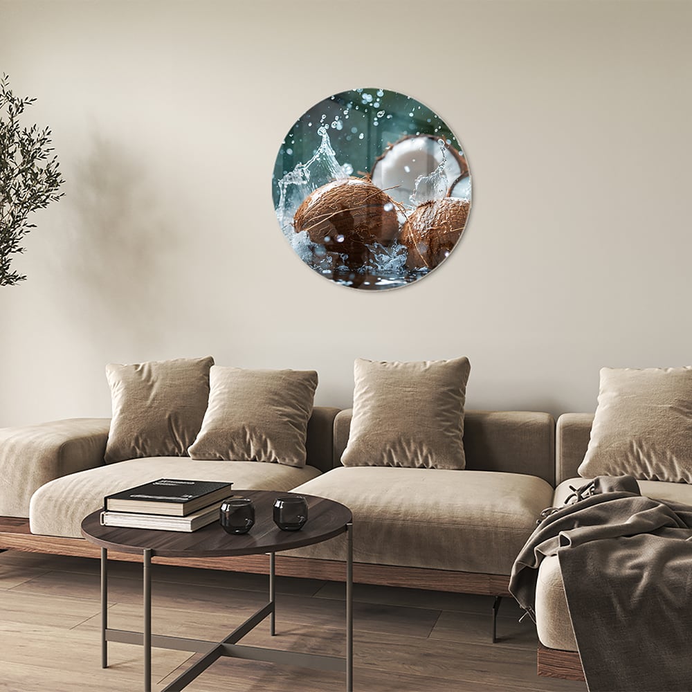 Glas schilderij van kokosnoten met spetters water, perfect voor wanddecoratie.