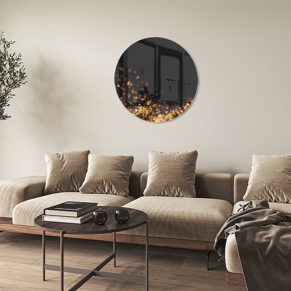 Glazen schilderij met gouden lichtpuntjes op een zwart vlak, ideaal voor moderne interieurs.