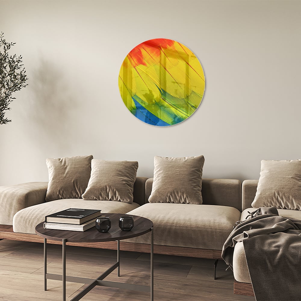 Abstract glazen schilderij met kleurrijke golven in rood, geel en blauw