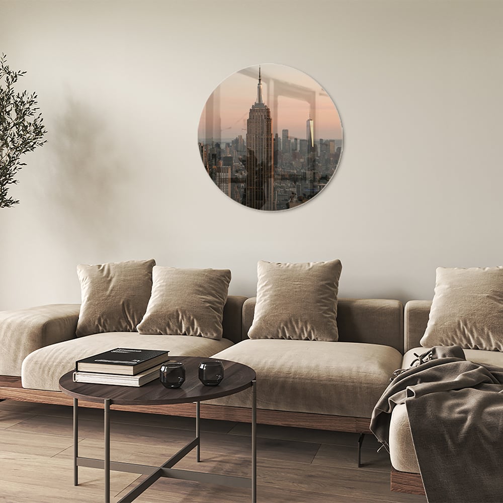 Glazen schilderij van de Empire State Building met een mooie zonsondergang