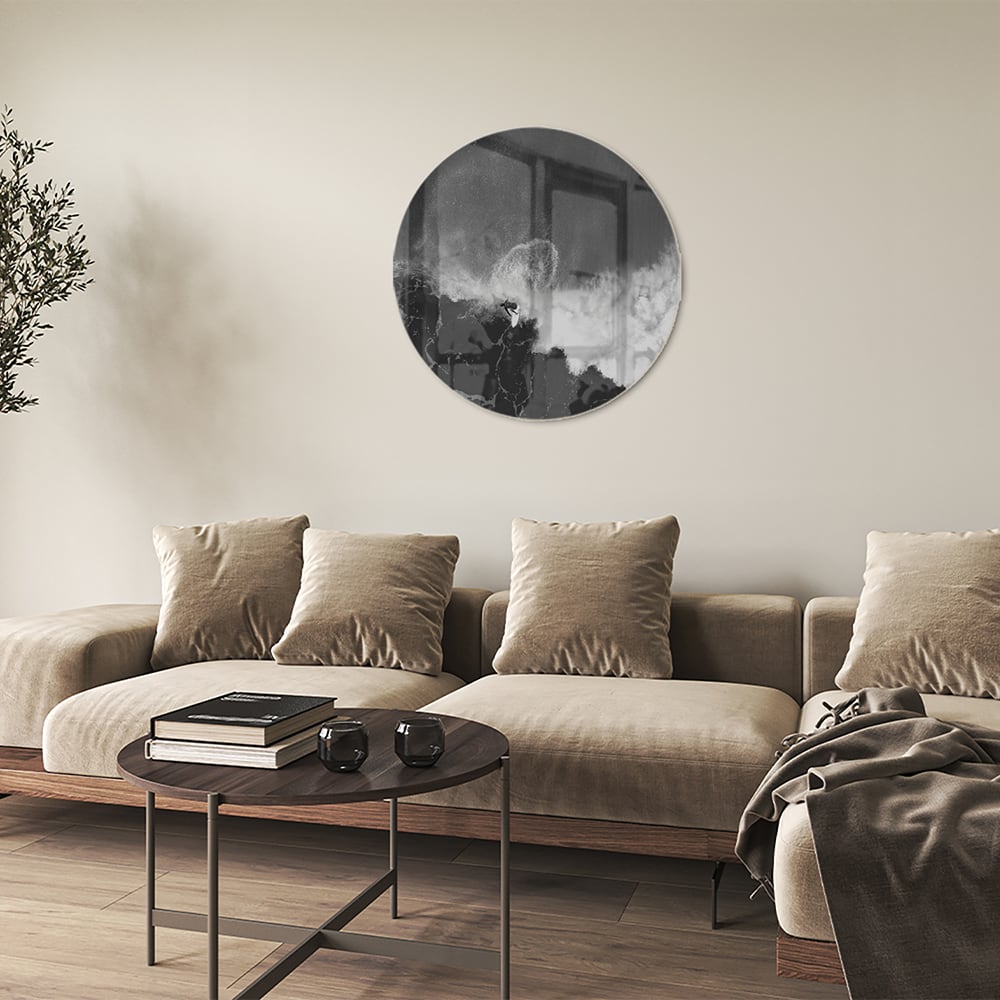 Abstract glazen schilderij in zwart-wit, perfect voor moderne interieurs.