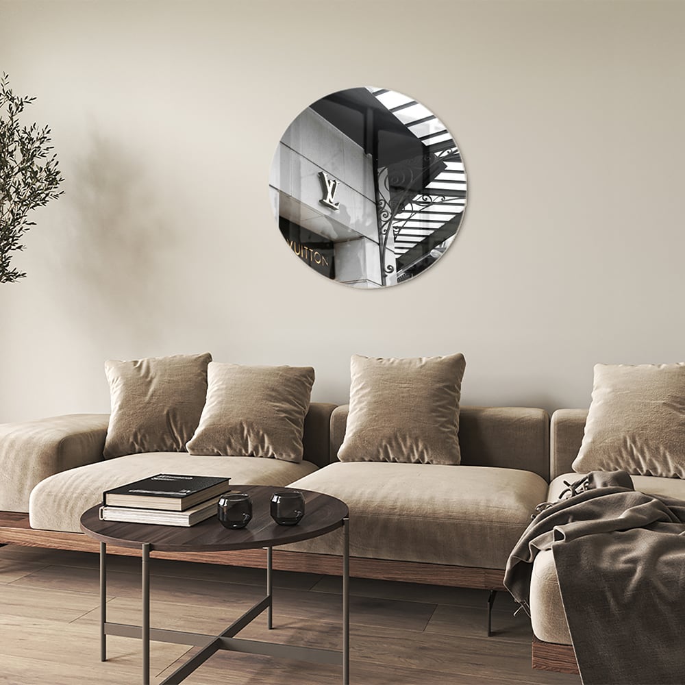 Glazen schilderij van luxe boetiek in zwart-wit, perfecte wanddecoratie.