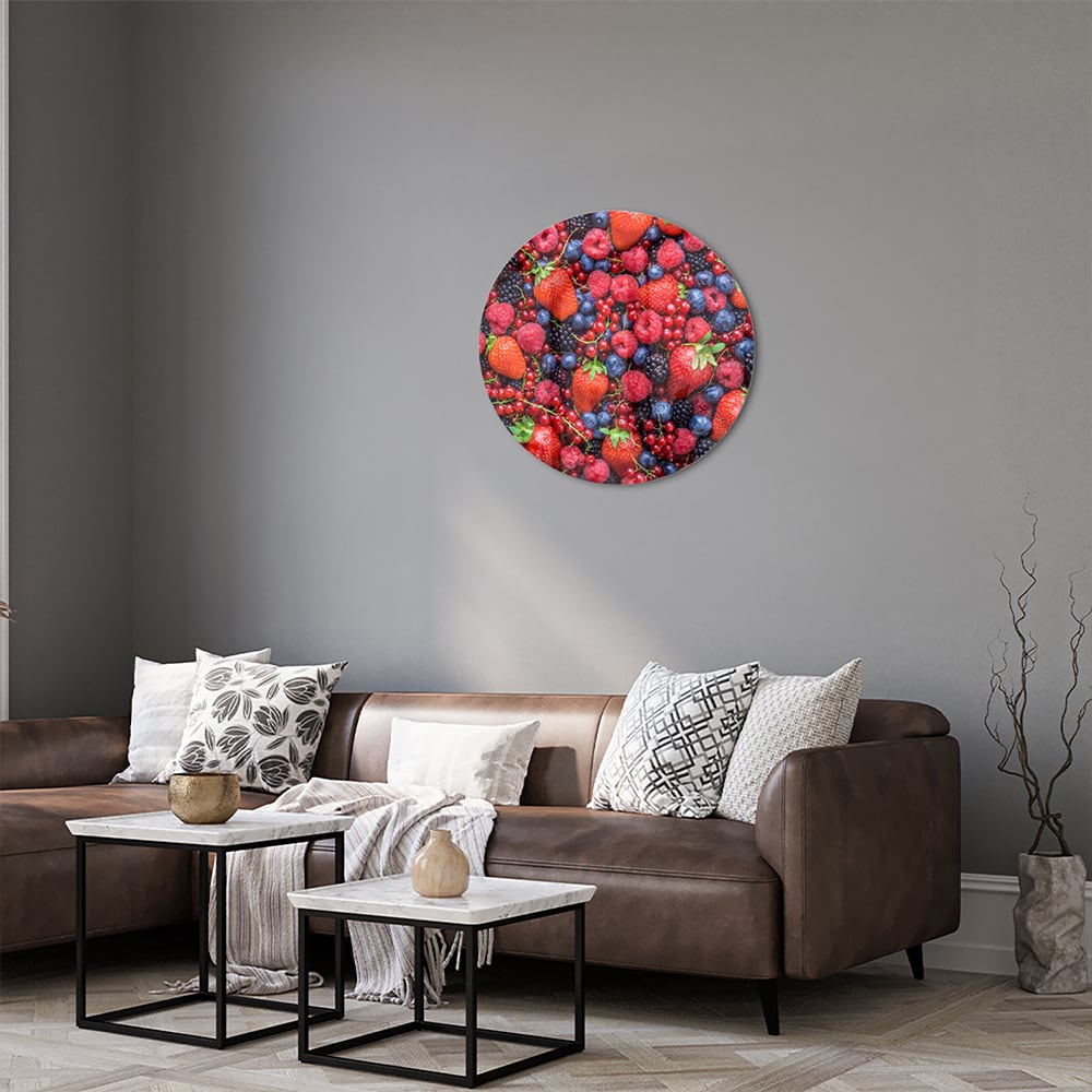 Glazen schilderij met een kleurrijke afbeelding van bessen en fruit