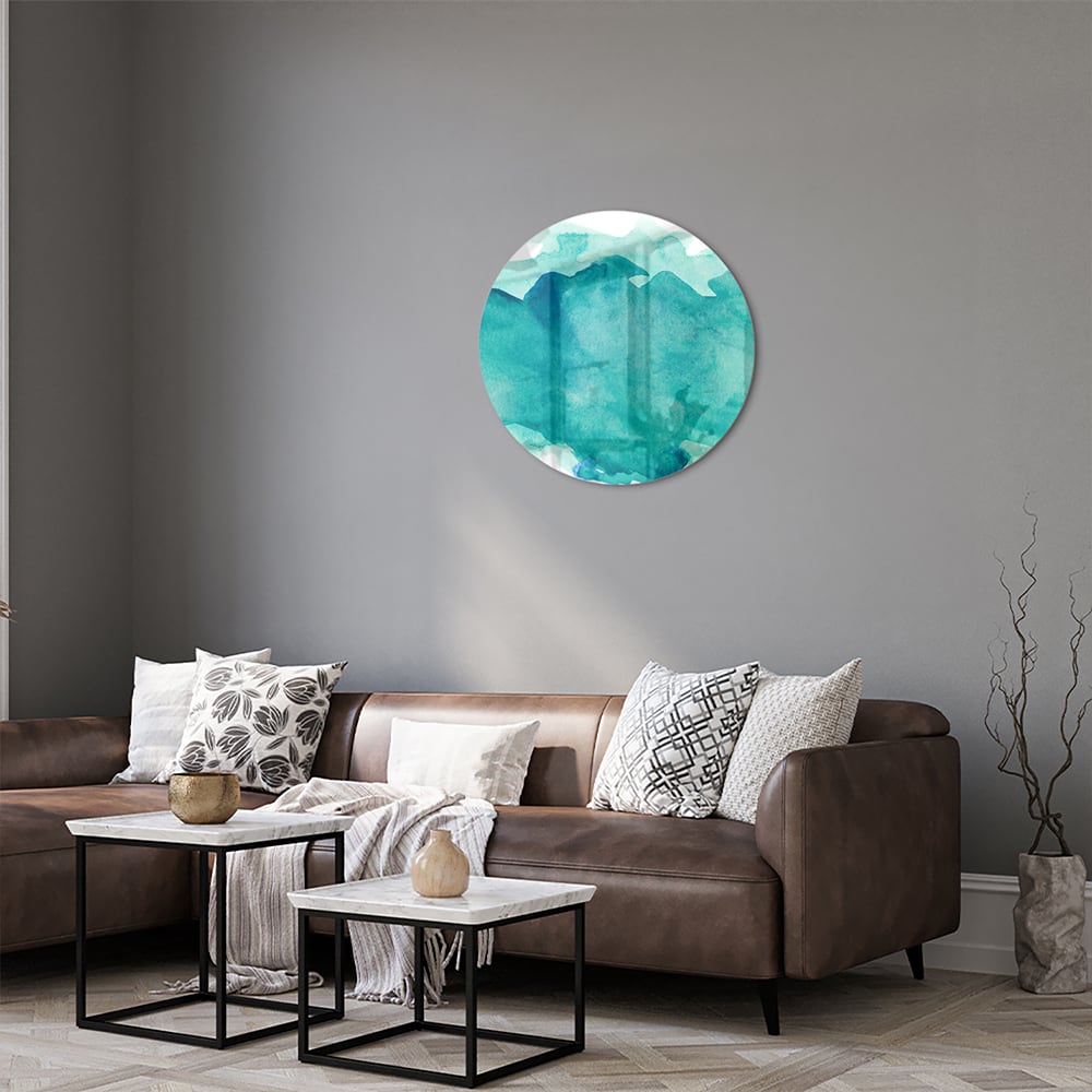 Abstract glazen schilderij met turquoise tinten, perfect voor moderne interieurs.