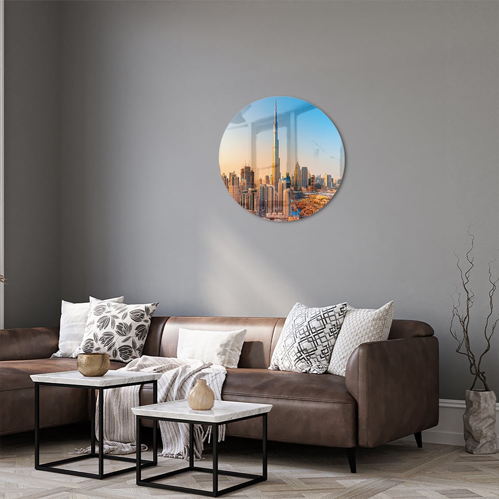 Glazen schilderij van de skyline van Dubai met Burj Khalifa tijdens zonsondergang