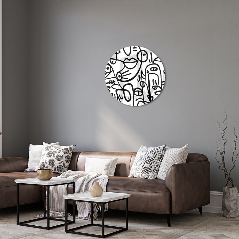 Abstract glazen schilderij in zwart-wit met vormen en lijnen
