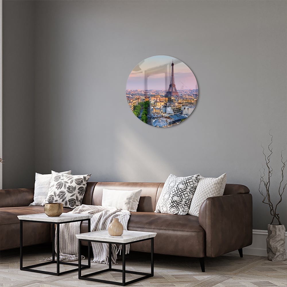 Glas schilderij van de Eiffeltoren in Parijs bij zonsondergang