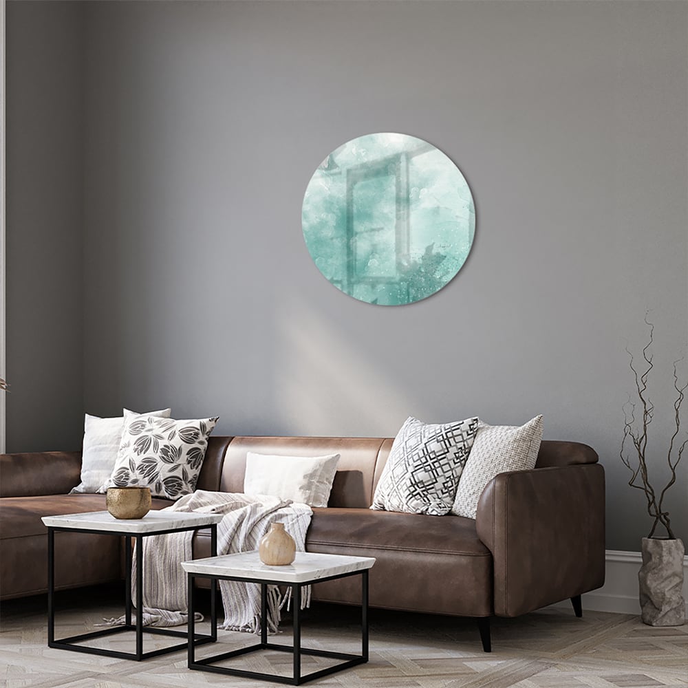 Abstract glazen schilderij in aquablauw kleur, past mooi in een modern interieur.