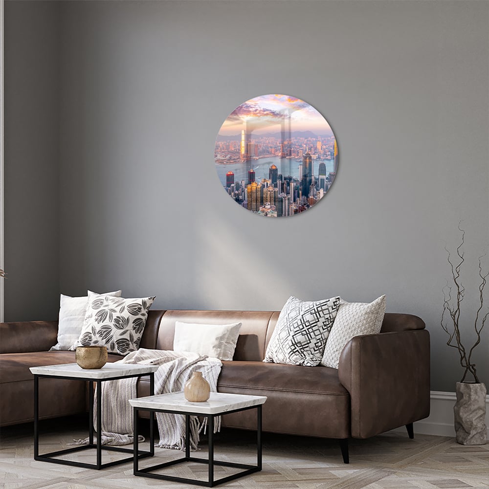 Glazen schilderij van een stadsgezicht met zonsondergang, perfect voor inrichting