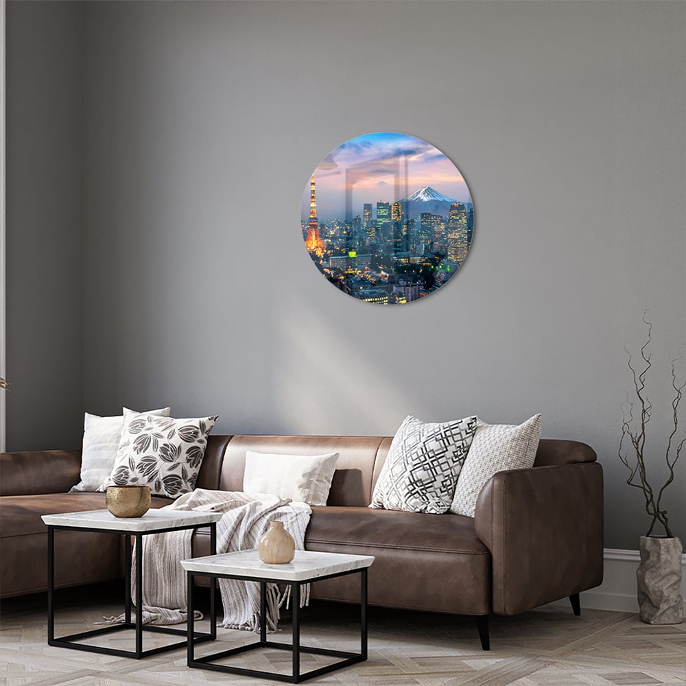 Glazen schilderij van Tokyo met de Tokyo Tower en Mount Fuji in de achtergrond