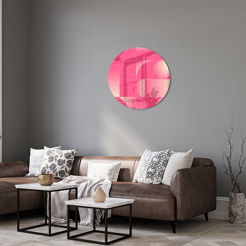 Modern glazen schilderij in frisroze met geometrische vormen.
