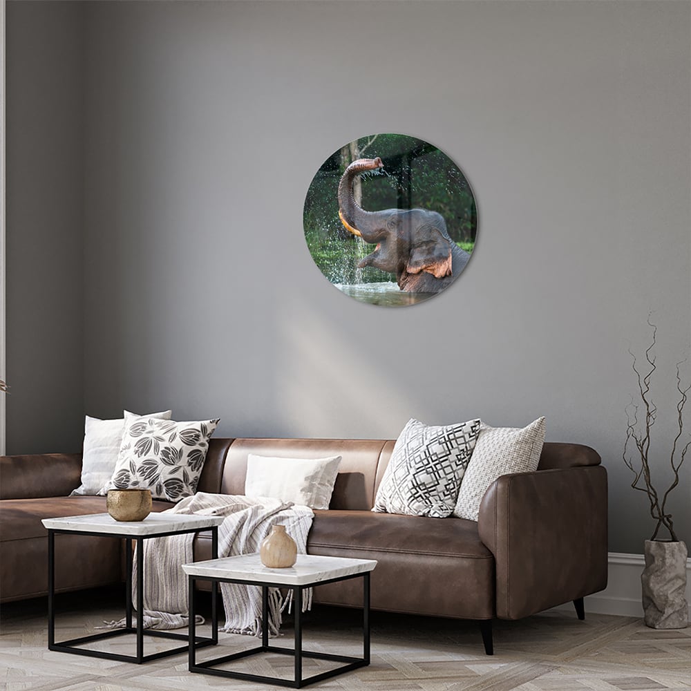 Glazen schilderij van een olifant die speelt in het water