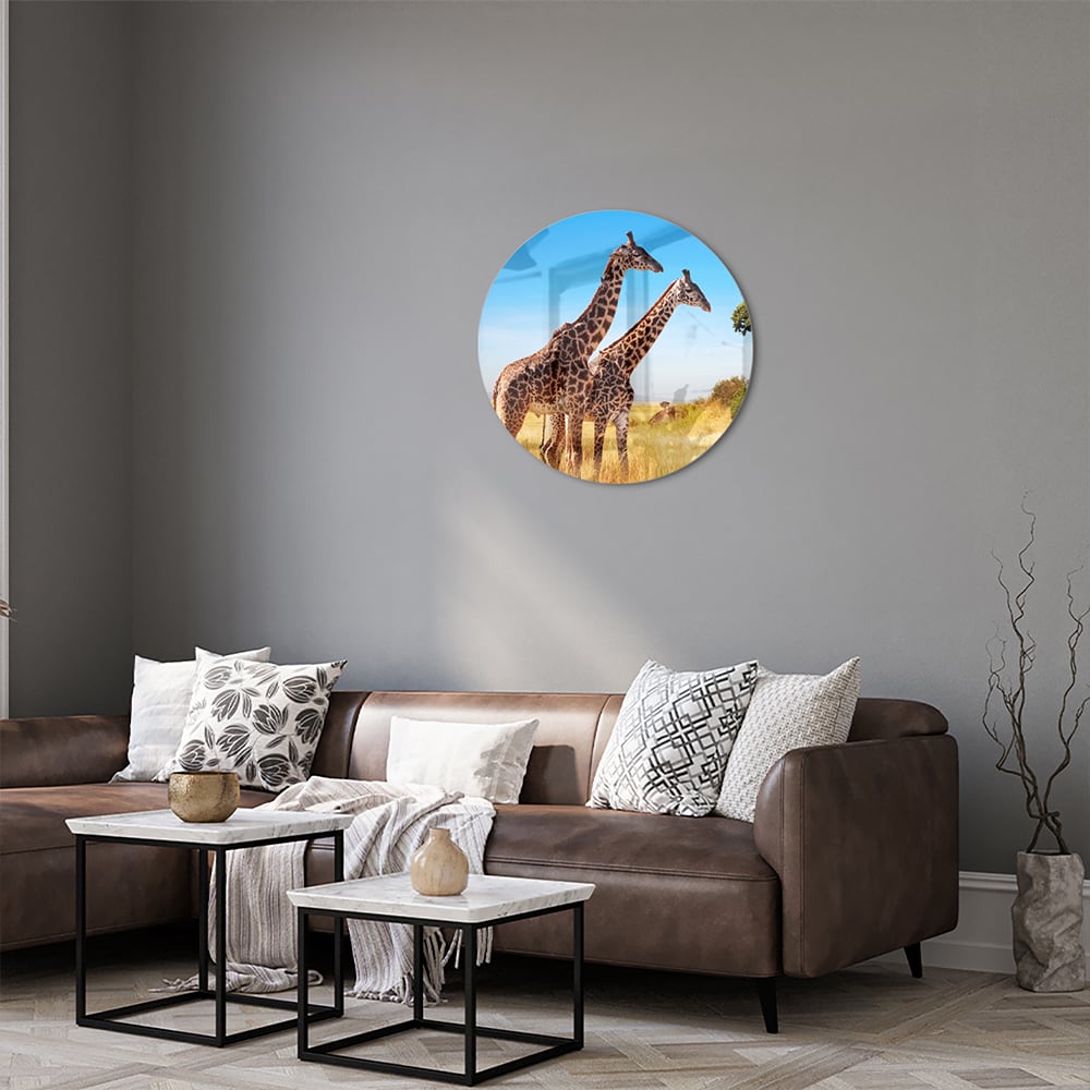 Glazen schilderij van twee giraffen in een Afrikaans landschap